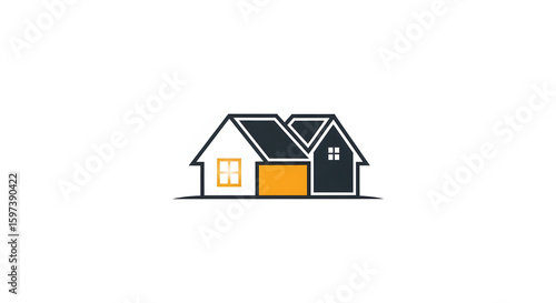Stylized Houses Black and White Minimalist Illustration on White Background