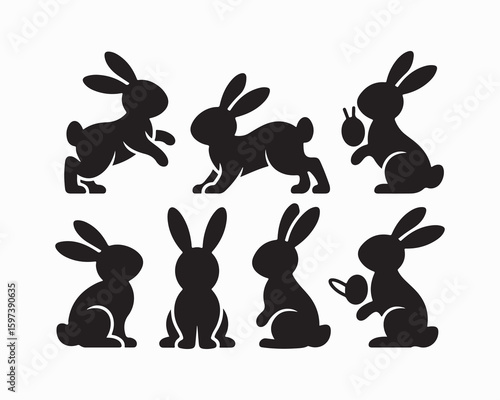 Rabbit silhouettes, various poses of rabbit, bunnt vector illustration, hare on white background, ideal rabbit, bunny for logo design, Easter themes, decorations