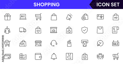 Shopping-themed vector line icon collection featuring carts, bags, stores, sales tags, delivery, payments, and e-commerce elements in a minimal style.