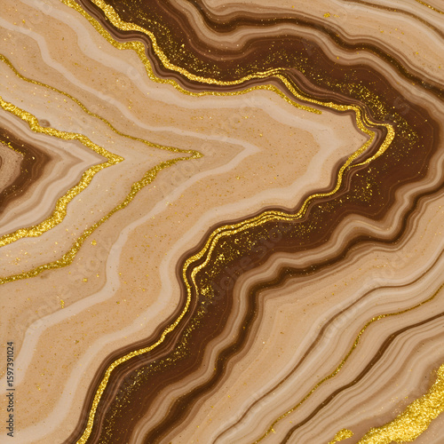 Brown and beige marbled surface with gold glitter. Abstract design with flowing lines and speckles. Background texture for design inspiration -