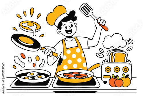 Joyful Chef Cooking Delicious Meal: Vibrant Kitchen Illustration