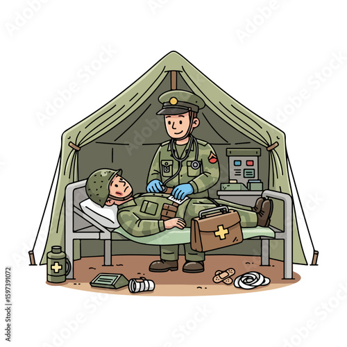 Cartoon character of military doctor treating soldier in field tent, colored cartoon with line art and white background. AI generated image.