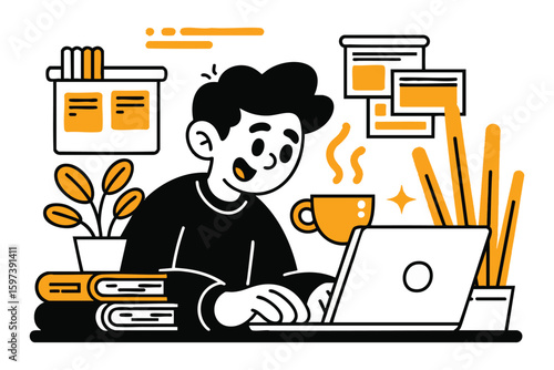 Remote Work: Illustration of a Happy Person Working from Home on Laptop