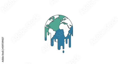 Illustration of a melting Earth globe, depicting climate change and environmental degradation with dripping blue water.