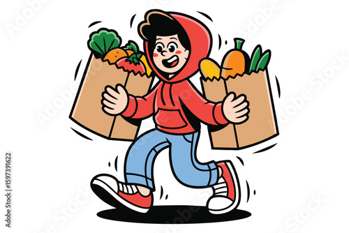 Happy Grocer: Cartoon Illustration of Person Carrying Grocery Bags