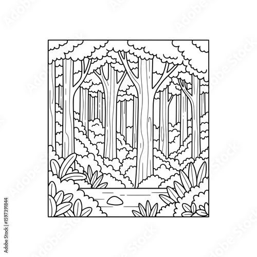 Detailed forest scene with trees and plants in line art style for nature backgrounds