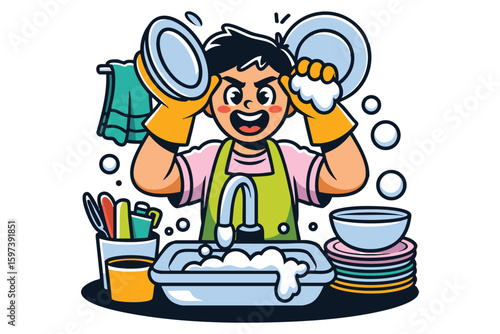Cartoon Man Washing Dishes: A Hilarious Kitchen Scene
