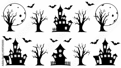 Silhouette halloween scene with haunted houses trees and bats under a full moon spooky and festive design