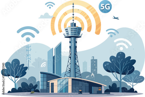 5G Network Illustration – High-Speed Signal, Tower with Wi-Fi Waves –