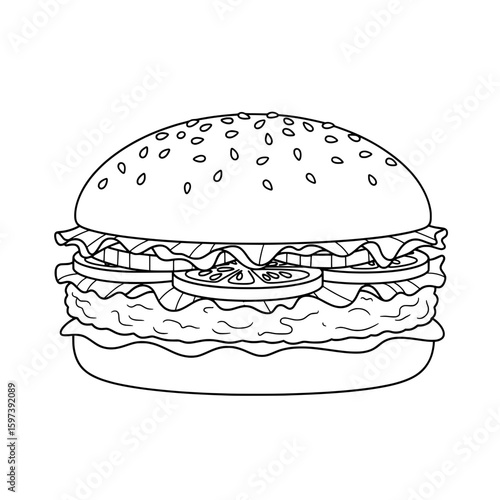 Line art burger with lettuce tomato and cheese on bun