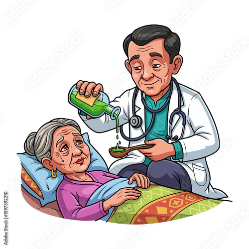 Cartoon character of traditional doctor using herbal concoction for patient, colored cartoon with line art and white background. AI generated image.
