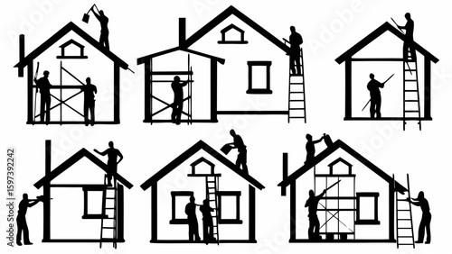 Silhouettes of workers on ladders and scaffolding painting and repairing houses with various tools shown