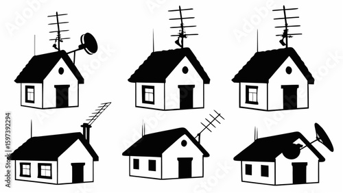 Silhouette illustration of six houses each with different antenna configurations and varying window placements