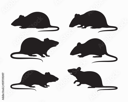 Black rat silhouettes on white background, perfect for pest control, Halloween designs, vector illustrations. Detailed rodent outlines in various poses and activities