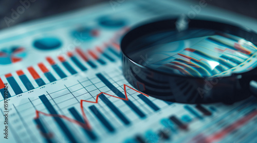 Magnifying glass analyzing financial graphs and data charts for market insights