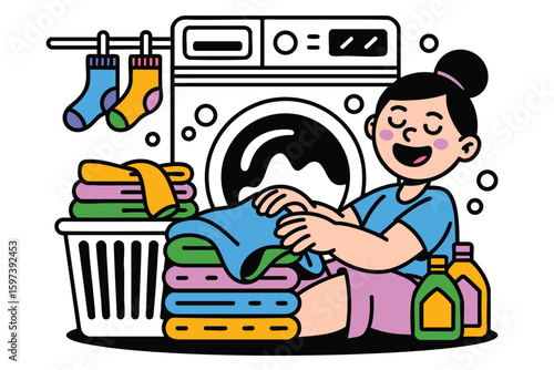Laundry Day Illustration: Woman Doing Laundry, Washing Machine, Clothes, Household Chores, Cleaning Supplies