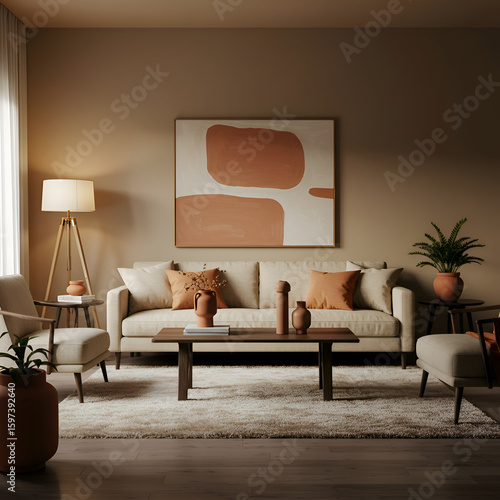 Modern living room interior with neutral tones and warm terracotta accents. Relaxed seating arrangement with a comfortable sofa and armchairs in a cozy living room space.