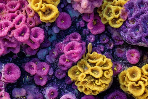 Close-up of vibrant, clustered, colorful growths