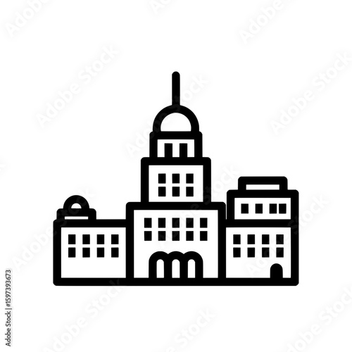 Outline of city buildings with central tower and surrounding structures