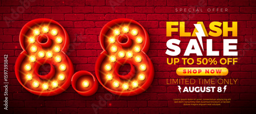 8 August Shopping Day Flash Sale Business Banner Design with 3d 8.8 Light Bulb Billboard Number on Vintage Brick Wall Background. Vector Special Offer 50 Percent Off Campaign Discount Illustration for