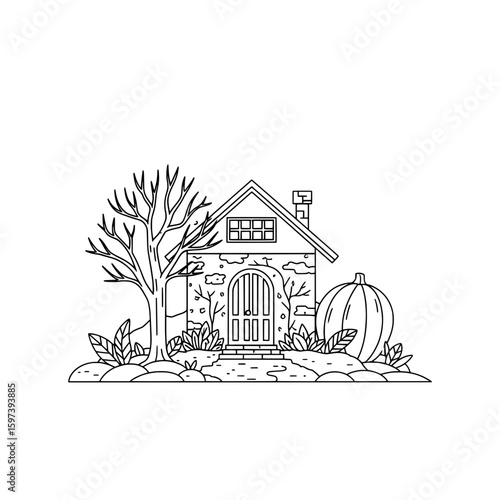 House surrounded by tree and pumpkin for fall scenery
