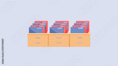 Illustration of three filing cabinets with blue and red folders on a light blue background