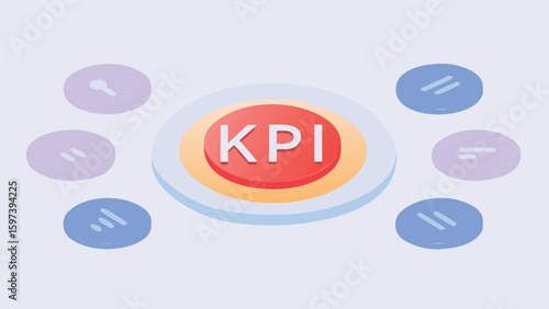 Illustration of kpi in a layered circle with surrounding icons on a light blue background