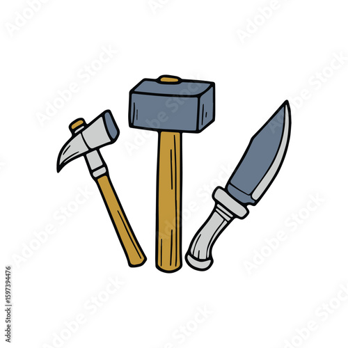 Illustration of flint knife, hand axe, and stone hammer together