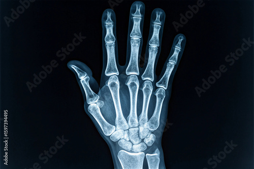 Detailed radiographic image of a hand's internal structure, emphasizing bones and translucent soft tissue