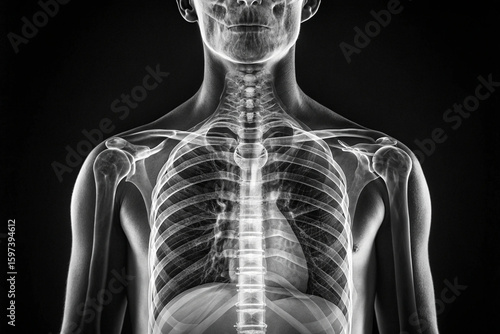 Monochrome image of a human torso with a superimposed X-ray, revealing the skeletal structure and lungs