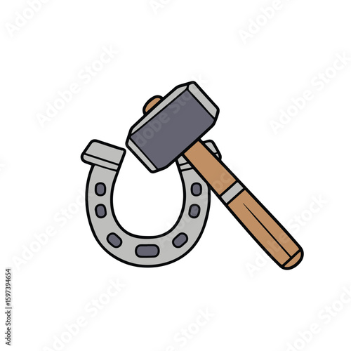 Illustration of a traditional stone hammer beside an old horseshoe