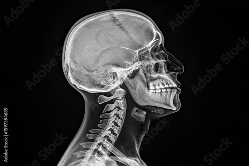 Striking digital artwork combining a figure's upper body with a clear radiographic depiction of bones and organs.