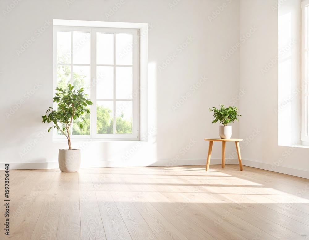 Fototapeta premium 明るい窓と観葉植物のあるミニマリストなリビングルームGenerated image