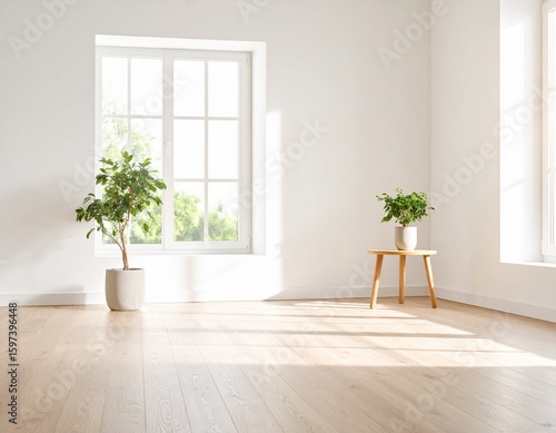 明るい窓と観葉植物のあるミニマリストなリビングルームGenerated image