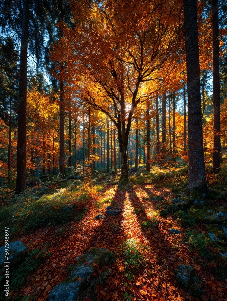 Fototapeta premium Autumnal Equinox: Golden Sunlight Filtering Through a Majestic Forest of Beech Trees