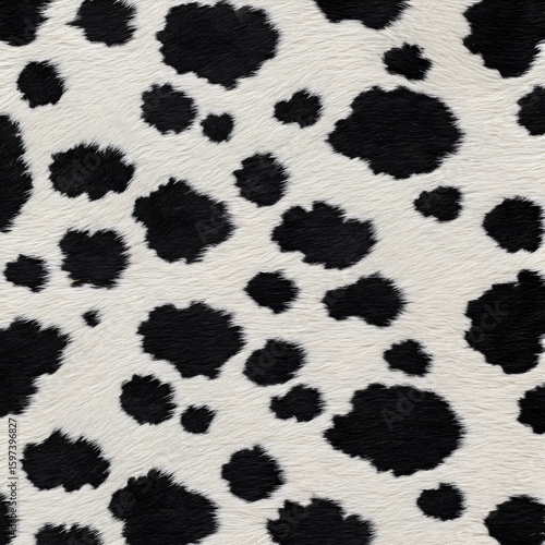 Cowhide pattern texture with black and white spots. Seamless animal print background for design and fashion. Fabric texture for a fashion designer.
