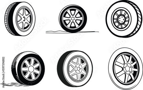 car tires illustration, black tire silhouette, car wheel icon vector.