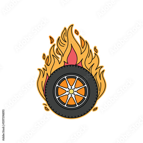 Illustration of a fast spinning tire with fiery flames
