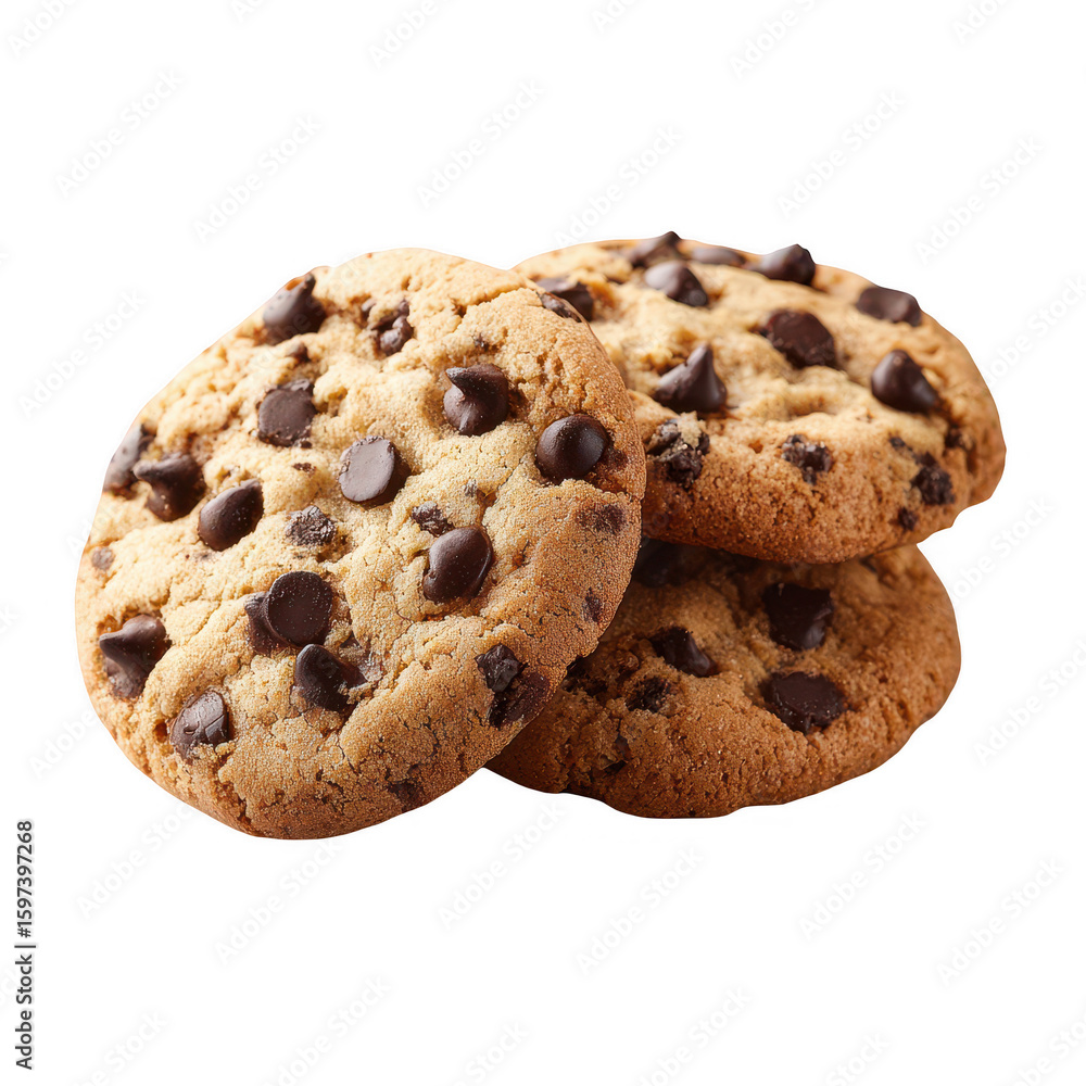 Three chocolate chip cookies stacked Three chocolate chip cookies stacked