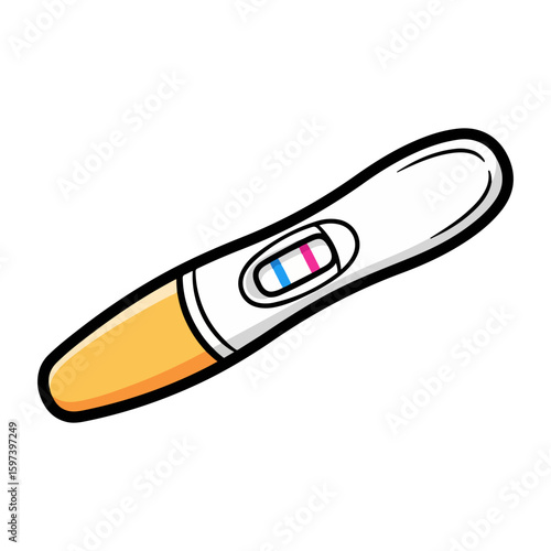 Pregnancy test kit vector, colored cartoon with line art and white background. AI generated image.