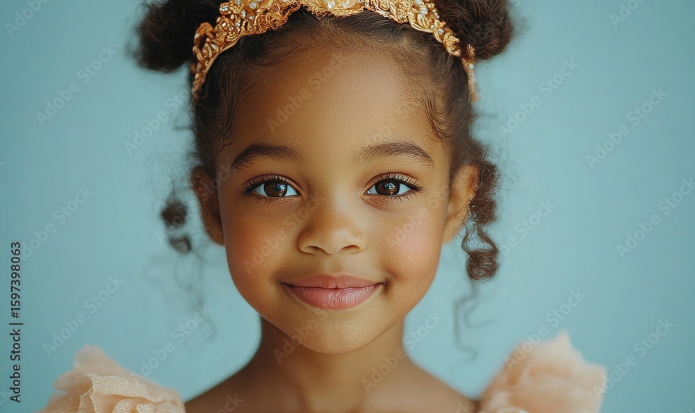 Portrait of a happy African American girl in fancy dress as a royal princess. Children's party outfit. Copy space, Generative AI Portrait of a happy African American girl in fancy dress as a royal princess. Children's party outfit. Copy space, Generative AI