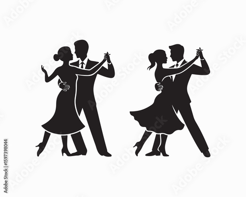 dancing couple vector illustration featuring Dance, Passion, Rhythm, black silhouettes of couples engaged in various dance styles. Perfect for dance studios, event posters, or music festivals