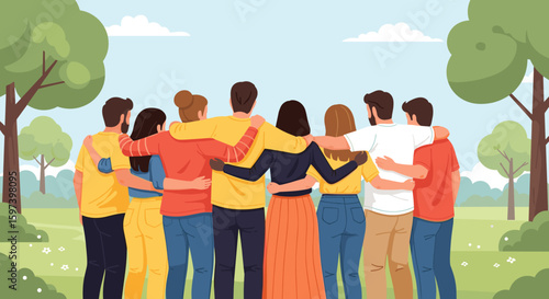 A diverse group of friends stands in a park with their arms around each other, showcasing unity, friendship, and togetherness against a backdrop of lush green trees and a clear sky.