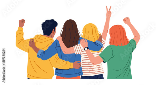 A diverse group of four young friends stands united with arms around each other, symbolizing support, peace, and solidarity against a clean white background.