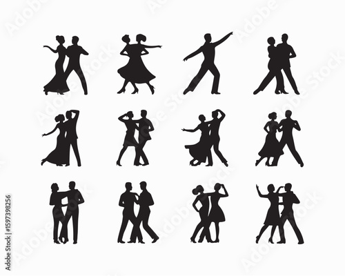 dancing couple vector illustration featuring Dance, Passion, Rhythm, black silhouettes of couples engaged in various dance styles. Perfect for dance studios, event posters, or music festivals