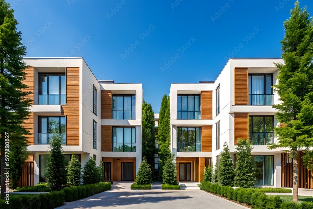 Fototapeta premium Modern townhouses with contemporary architecture and green landscaping