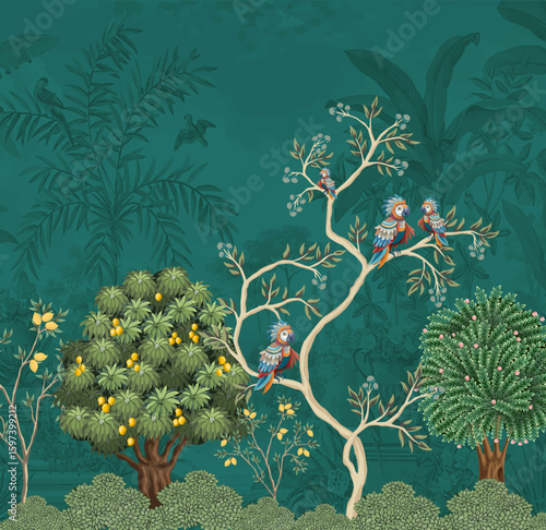 Indian miniature painting with tropical trees pattern and birds, interior decoration wallpaper.