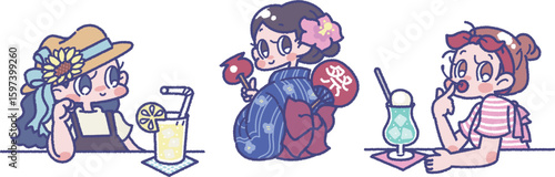 夏っぽい3人の女の子のイラスト