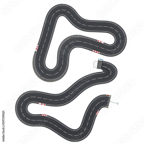 Complex race track design with intricate turns and markings. Aerial view of a professional race track with start/finish line details.