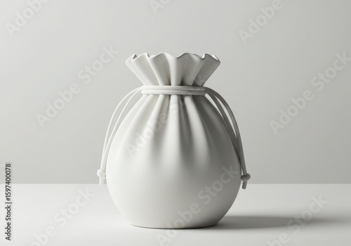 Minimalist white drawstring pouch with elegant pleats and ties